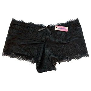 Heaven Panty Large L Floral Lace Boyshorts Panties in Black, Cotton Lined, Roses